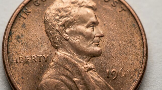 Close-up of Abraham Lincoln on 1941 penny, detailed portrait, copper color, historical coin