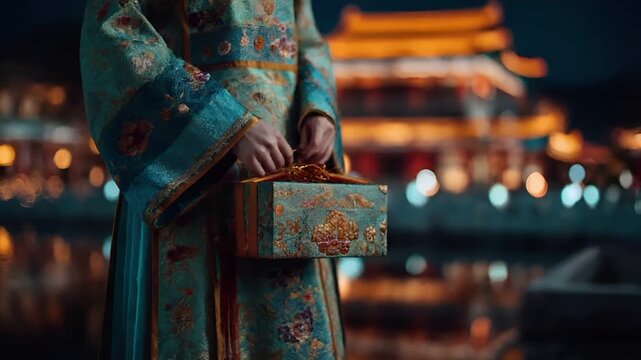 Chinese lunar new year holiday celebration. Spring festival tradition. Chunjie. Asia. A closeup of a persons hand holding a decorative box with intricate designs. The person is wearing a vibrant.