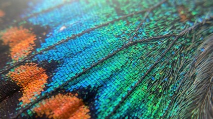 Fototapeta premium Close-up of peacock feather with vibrant blue and green iridescent patterns, natural texture, detailed nature photography