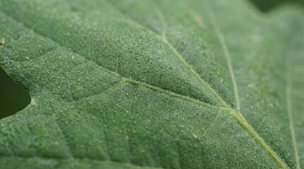Close-up of green leaf with visible veins and water droplets, natural texture, vibrant and fresh