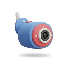 High-quality 3D render of a stylized smart security camera. Minimalist blue and red design ideal for home security, surveillance, and smart technology concepts.