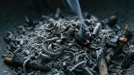 Burning charcoal embers smoke dark night campfire