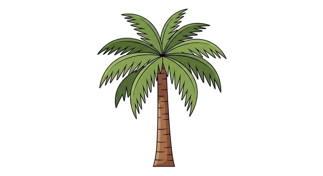 Simple cartoon palm tree illustration. Tropical plant with green fronds and brown trunk on a white background. Vector graphic.