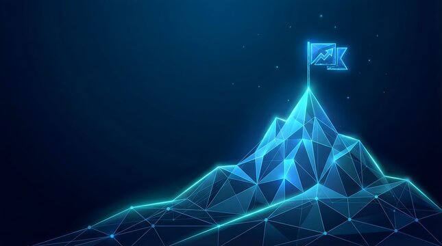 Futuristic digital mountain peak with glowing network lines and technology icon in neon blue