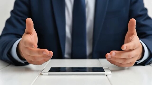 Businessman in suit using tablet with NO HIDDEN FEES text overlay transparent background financial transparency concept