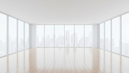 Spacious modern empty room with wood flooring and large glass windows and white wall.
