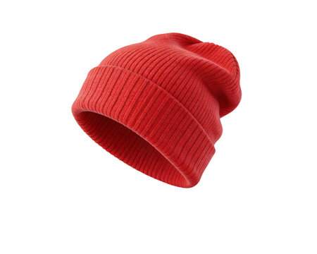 Red knitted beanie hat with ribbed texture, isolated on white background. Ideal for winter fashion, casual style, and headwear accessories.
