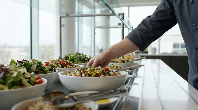 Man Serving Fresh, Healthy Food at a Bright Modern Cafeteria Buffet Line with Large Windows