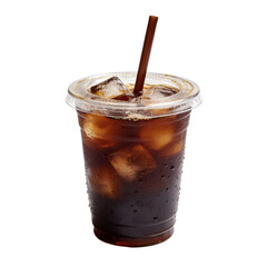 Iced black coffee served in a clear plastic cup with lid, featuring ice cubes and a brown straw. Cold, refreshing beverage suitable for summer or hot weather.