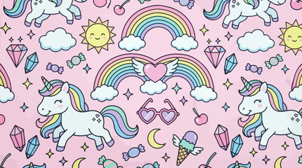 Pastel pink seamless pattern featuring whimsical unicorns, rainbows, hearts, clouds and diamonds. © Sultan Desain