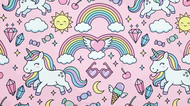 Pastel pink seamless pattern featuring whimsical unicorns, rainbows, hearts, clouds and diamonds.