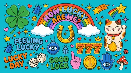 Naklejka premium Vibrant Lucky Theme Illustration with Rainbow, Shamrocks, Coins, and Maneki-Neko Cat for Good Fortune