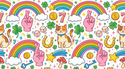 Obraz premium Whimsical colorful cats, rainbows, clouds and lucky symbols repeating seamless pattern for textiles, kids decor, fabrics and crafts