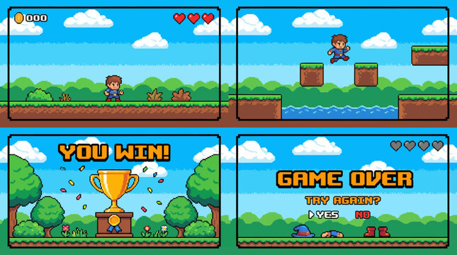 Retro pixel platformer montage featuring a heroic sprite navigating pipe obstacles through vibrant side-scrolling levels, with You Win and Game Over screens