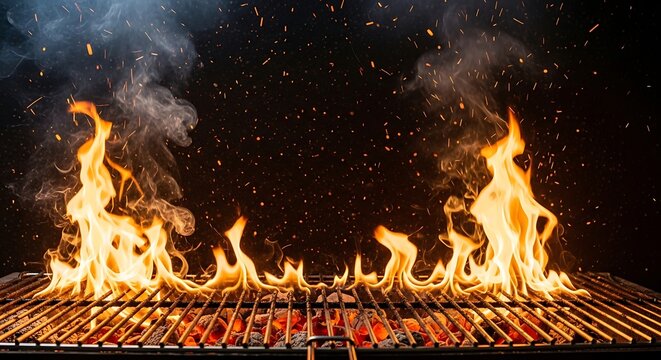  empty steel barbecue grill grate with intense flames and smoke erupting from hot charcoal embers below. 