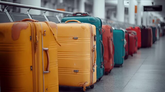 A long line of suitcases lined up in an airport waiting area. The suitcases are of various colors, including yellow, orange, blue, and red, and are arranged in a staggered fashion.