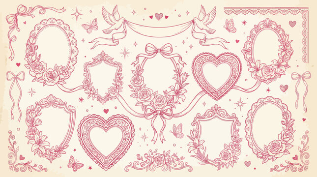 Vintage pink ornamental frame collection with hearts, bows and floral borders on a delicate lace-like background