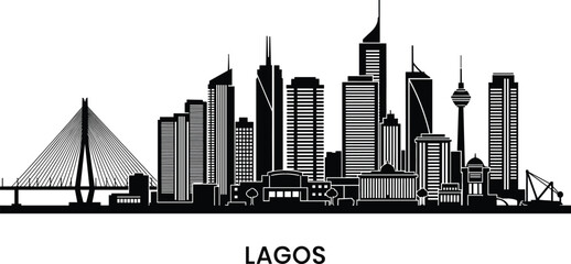 Detailed Lagos city skyline silhouette with Ikoyi Link Bridge and NECOM House for Nigeria travel and urban branding vector © NURUL