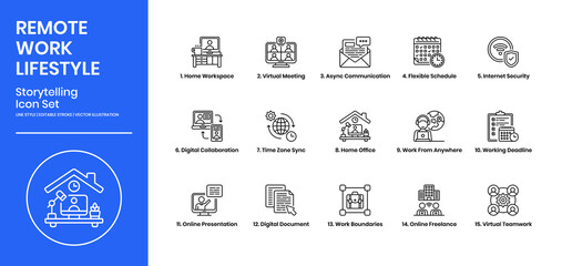 Naklejka premium Remote Work Lifestyle Icons Set Line Style. Includes Virtual Meeting, Home Office, Online Presentation And More.