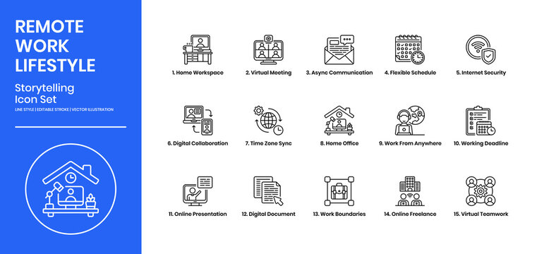 Remote Work Lifestyle Icons Set Line Style. Includes Virtual Meeting, Home Office, Online Presentation And More.