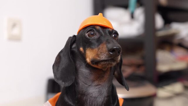 A black and tan dachshund wearing an orange construction cap sits in the room with a concentrated expression on its face.