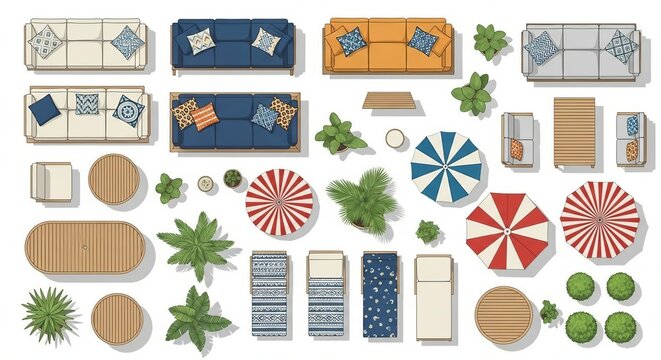 Overhead view of colorful furniture plants and beach accessories arranged on white background