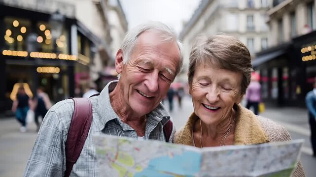A candid shot of an elderly man engrossed in reading a map on a city street. The mans expression is one of contentment, with his eyes closed and a slight smile on his face.
