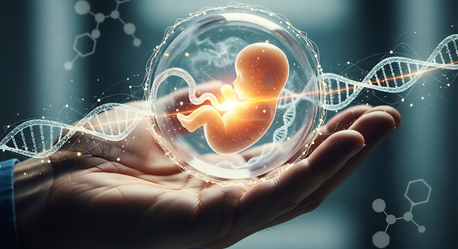 Scientific representation of human embryo inside glowing amniotic sac held by hand for prenatal genetic screening and medical research on life development and reproductive health biotechnology.