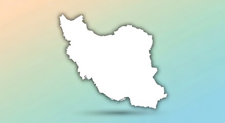 Clean white silhouette map of Iran with drop shadow on a soft colorful gradient background