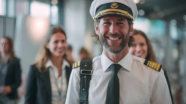 A man in a captains uniform with a beard and a white hat, smiling at the camera. He is dressed in a crisp white shirt with a black tie and gold epaulettes on his shoulders.