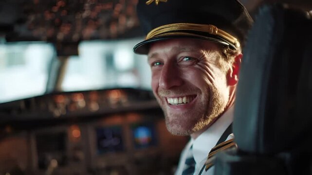 A closeup of a man in a captains hat, smiling at the camera. He is wearing a white uniform with gold stripes and a black cap with a gold band. The background is blurred.