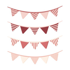 Naklejka premium Soft pink hanging bunting flags with stripes, solid fills, and grid patterns, layered party garlands in warm pastel tones on a clean white background