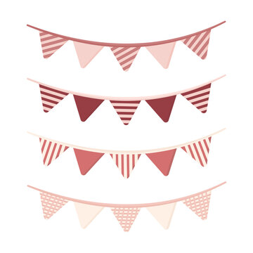 Soft pink hanging bunting flags with stripes, solid fills, and grid patterns, layered party garlands in warm pastel tones on a clean white background