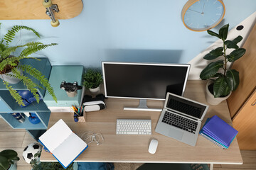 Fototapeta premium Teenager's workplace with laptop, computer and plants in room