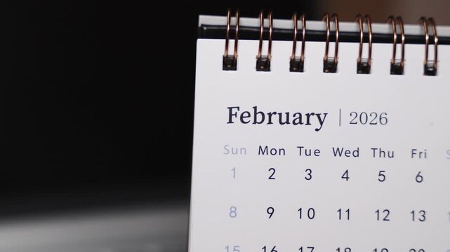 Close-up of a desk calendar on a laptop keyboard as a human finger points to a specific date in February 2026. Static camera emphasizes accurate date selection and clean monthly planning concept in a