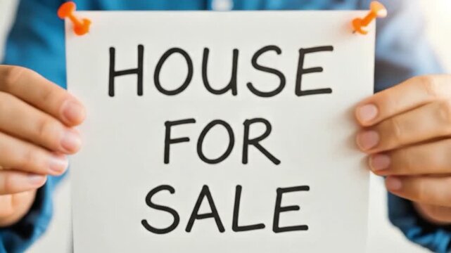 Person holding white paper sign with black text house for sale pinned with orange pushpins real estate concept