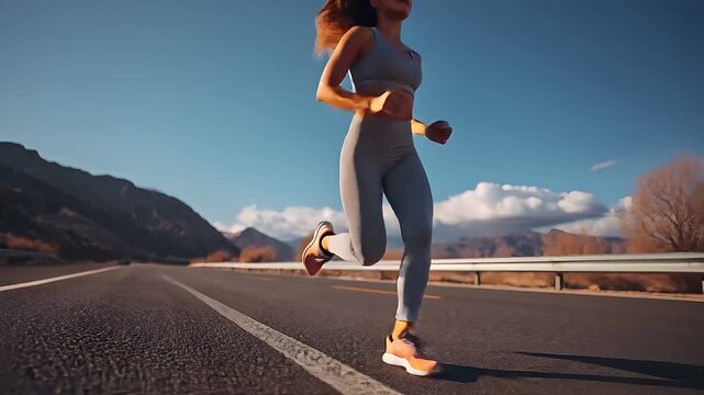 A woman runs on a road with a clear sky and mountains in the background. She is wearing a gray sports bra and white leggings.