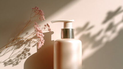 Naklejka premium Cream pump bottle with silver collar, soft natural light, pink dried flower, minimal style