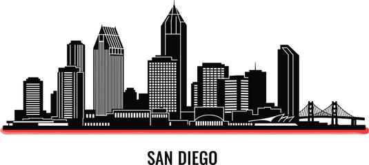 San Diego city skyline silhouette with One America Plaza and Coronado Bridge for California travel and urban branding vector © NURUL