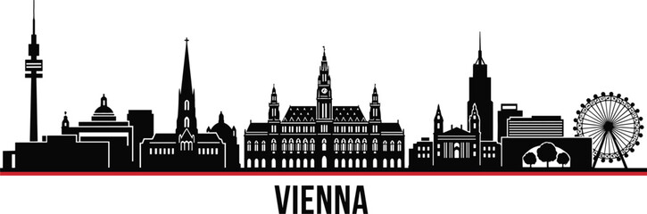 Fototapeta premium Vienna city skyline silhouette with St. Stephen's Cathedral and Riesenrad ferris wheel for Austria travel and urban branding vector