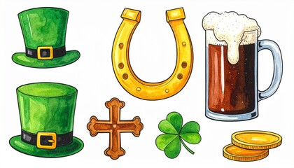 St. Patricks Day Symbols Collection - Hats, Horseshoe, Beer, Cross, Clover, Coins.
