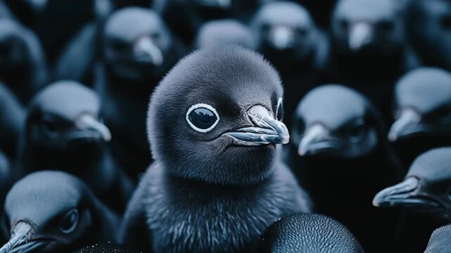 A close-up of a young penguin staring directly at the viewer, surrounded by out-of-focus penguin companions