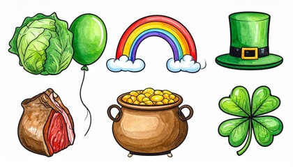 St Patricks Day Symbols Collection with Rainbow and Pot of Gold.