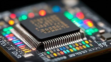 close-up of microprocessor chip with colorful led lights on circuit board
