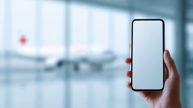 hand holding mobile phone showing health insurance application for foreigners, airport terminal and airplane background