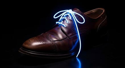 Elegant leather shoe with glowing blue laces on dark background