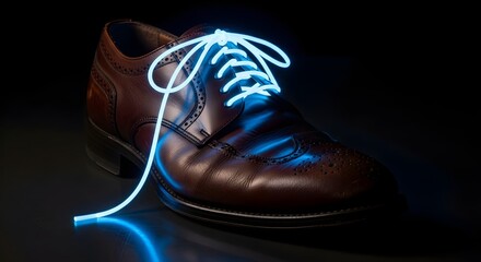 Elegant brown leather shoe with glowing blue shoelaces on dark background