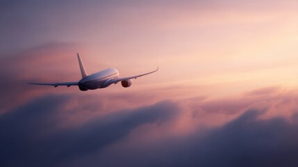 Obraz premium Airplane flying in the sky during sunrise, travel and aviation freedom concept