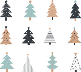Collection of twelve stylized Christmas trees with stars and patterns holiday winter