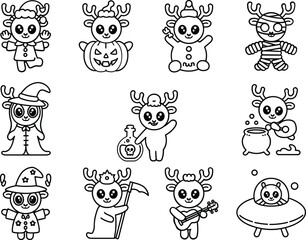 Cute cartoon reindeer characters in various costumes and poses kawaii